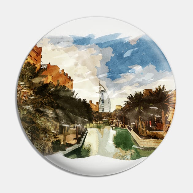 Dubai Emirates Awesome Watercolor Traveling Fine Art Painting Pin by Naumovski