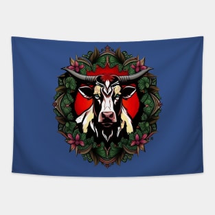 Ox Surrounded By A Wreath Of Red Clover Tattoo Style Art Tapestry