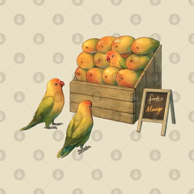 Lovebird Parrots and Mangos by Mazarineart