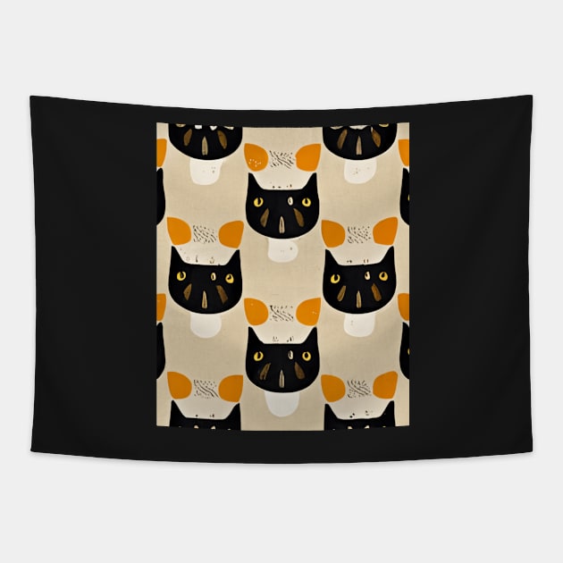 Cute Cat Pattern Abstract, Warm Colors Retro 70's Art, Black White Orange Cats Repeating Pattern Tapestry by ThatVibe