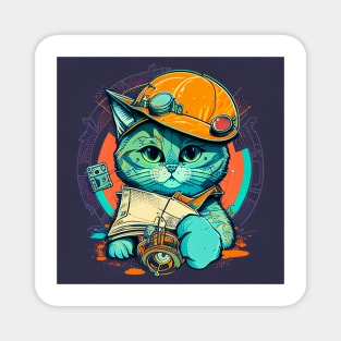 Catswithhardhats A curious and playful cat wearing a hard hat and holding a blueprint Magnet