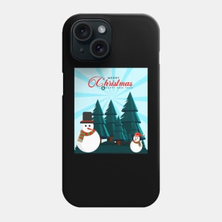 Merry Christmas and New Year greetings with snowman and pine tree with snow Phone Case