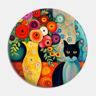 Black and Blue Cat in Still Life Painting with Flower Vase Pin