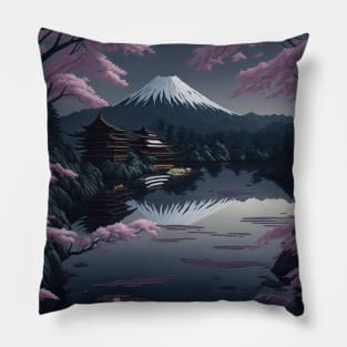 Serene Mount Fuji Sunset - Peaceful River Scenery - Lotus Flowers Pillow