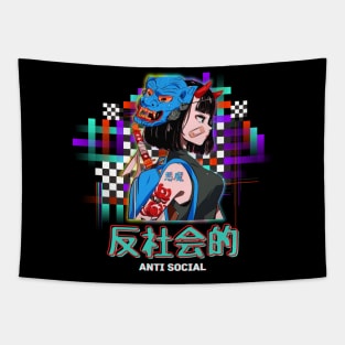 Vaporwave Antisocial Oni Samurai Anime Girl Tapestry