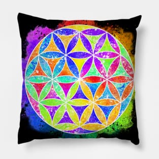 Rainbow Geometric Circle Flower Mandala - White Outline Pillow