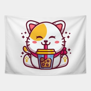 Cute cat drinking boba milk tea cartoon Tapestry