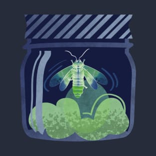 Glowing in the moss // spot illustration // blue background jars with lightning fireflies bugs quirky whimsical and bioluminescence lampyridae beetles T-Shirt