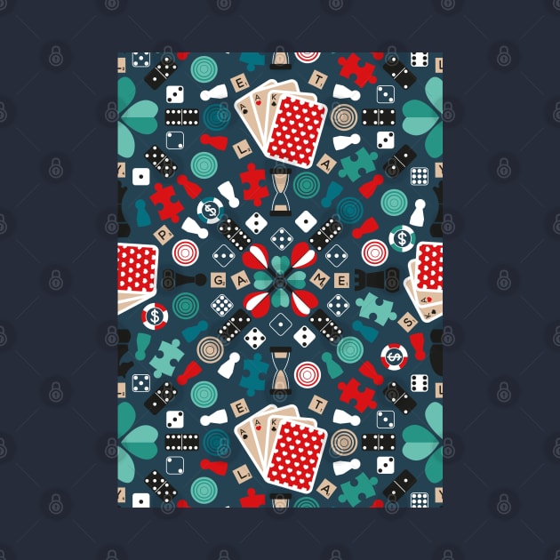 Wanna play? // pattern // blue background teal red mint brown black and white game pieces by SelmaCardoso