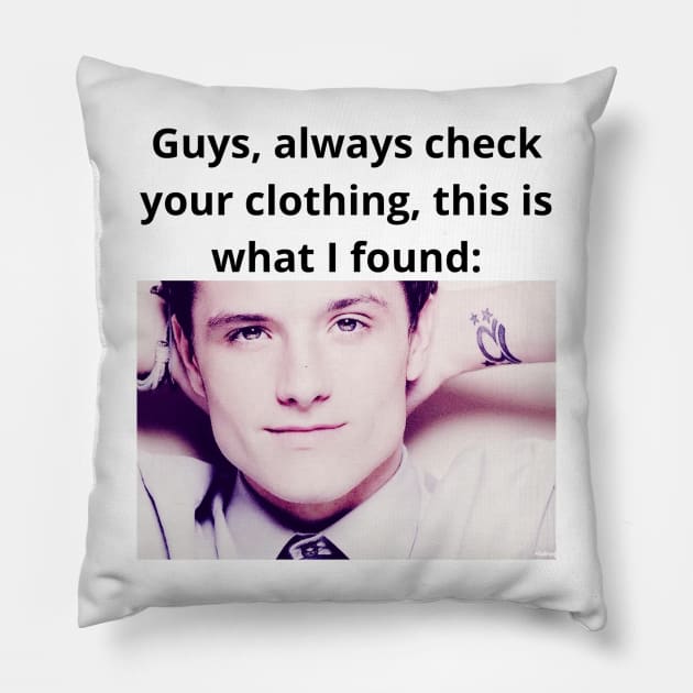 Josh Hutcherson whistle meme always check your clothing photo Pillow by GoldenHoopMarket