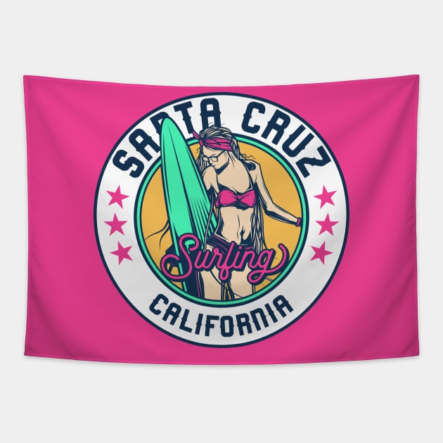 Retro Surfer Babe Badge Santa Cruz California Tapestry by Now Boarding