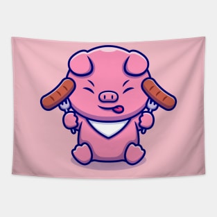 Cute Pig Chef Eating Sausage Cartoon Tapestry