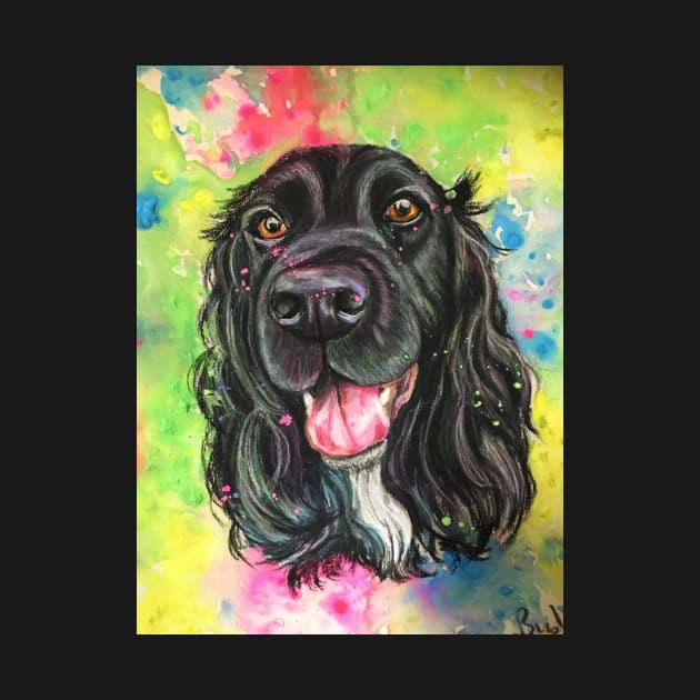 Black cocker spaniel , colourful watercolour background by Merlinsmates