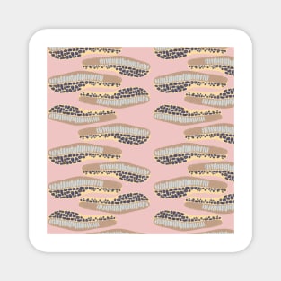 abstract horizontal shapes brown light blue navy blue yellow on a pink background Magnet