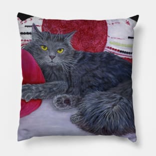 Russian Blue Cat on Rose Colored Pillows Pillow