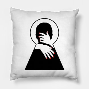 Woman hugging man seen through a keyhole Pillow