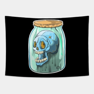 The Skull Blue Head in a Glass Jar - Keep it Fresh - Dark skull Art - Dia De Los Muertos Tapestry