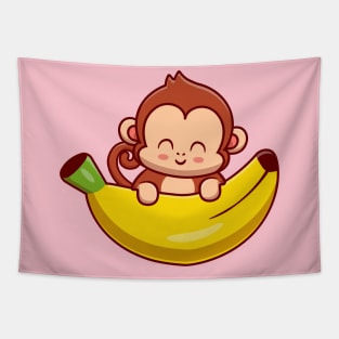 Cute Monkey Holding Banana Cartoon Tapestry