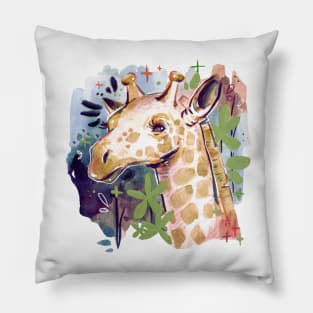 Colorful Giraffe with Leaves and Flowers Pillow