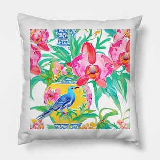 Preppy orchids in yellow chinoiserie jar Pillow