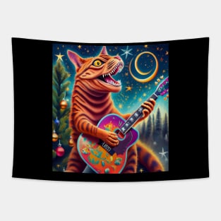 Christmas tree cat dinosaur playing guitar Tapestry