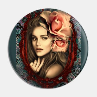 Antique Vintage Artwork Roses and Beautiful Girl Pin