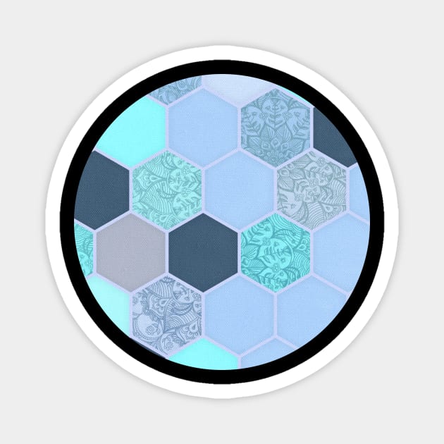 Denim Blue, Aqua & Indigo Hexagon Doodle Pattern Magnet by micklyn