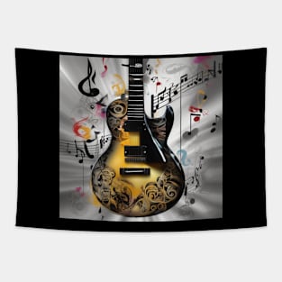 An abstract image of a guitar with musical symbols Tapestry