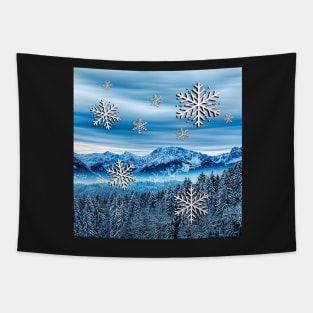 Winter Snowy Mountains, Pines & Graphic Snowflakes Cozy Home Decor & Gifts Graphic Design Snow Tapestry