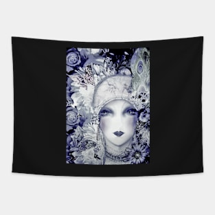 BLUE ART DECO FLORAL FLAPPER COLLAGE ART PRINT POSTER Tapestry