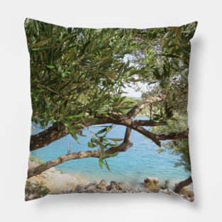 Mediterranean Sea Coast with Olive Tree Photo Pillow