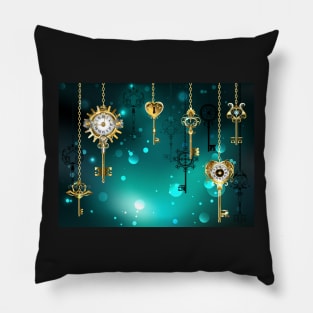 Antique Keys on Green Background ( Steampunk ) Pillow