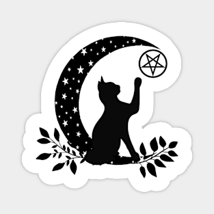 Wicca Crescent Moon Black Cat Pentacle And Stars Magnet
