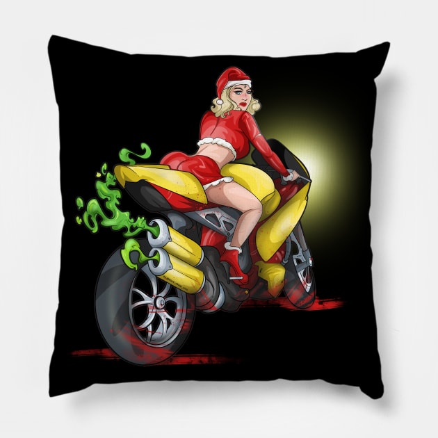 Christmas Motorcycle Babe Biker Girl Santa Pillow by Trendy Black Sheep