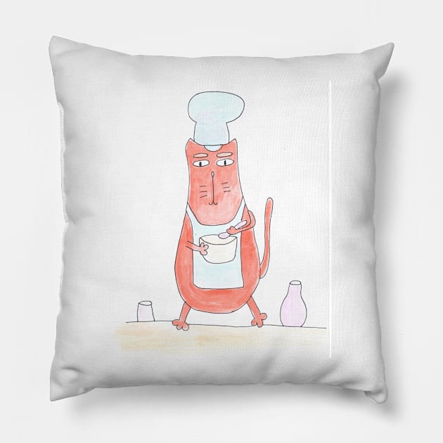 Cat prepares food. Cooking, cook. Food ordering. Food delivery. Watercolor illustration humorous. Humor, fun design modern Pillow by grafinya