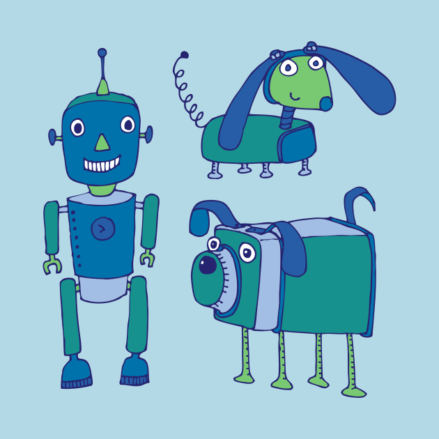 Robot Friends - cute retro robot design in blue and green by Cecca