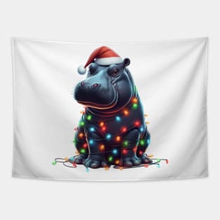 Hippo Wrapped in Christmas Lights Tapestry