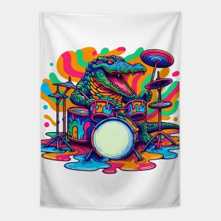 Funny Colorful Crocodile Playing Drums Tapestry