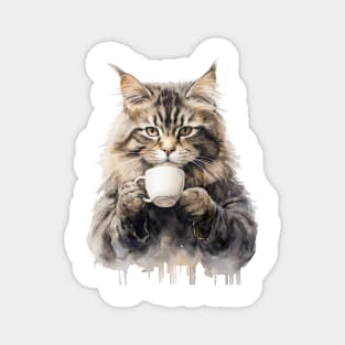 cat drinking coffee watercolor style Magnet