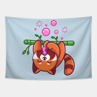 Cute Red Panda Blowing Bubble On Bamboo Tree Cartoon Tapestry