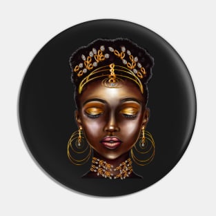 Queen Black empress beautiful black girl with Gold earrings, ornate headdress,  brown eyes looking  upwards and dark brown skin ! Pin