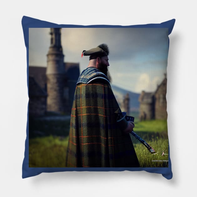 Scottish Highlander in Clan Tartan Pillow by Grassroots Green