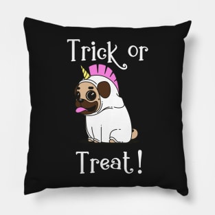 Trick or Treat Cute Pug in a Unicorn Costume Pillow