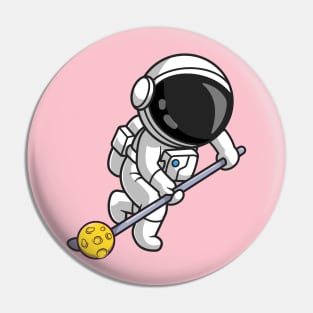 Cute Astronaut Playing Hockey Moon Cartoon Pin