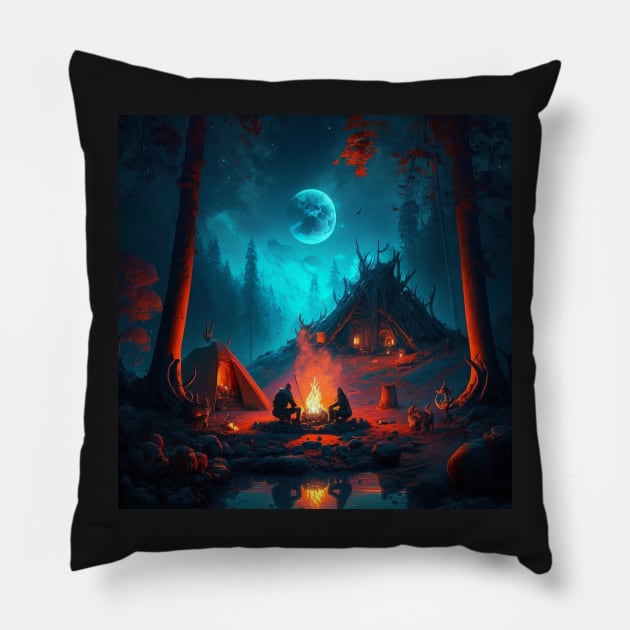 Valheim Vikings Full Moon Fire Pillow by AICreateWorlds