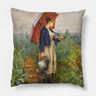 Portrait Of a Woman With Umbrella Gathering Water by Daniel Ridgway Knight Pillow
