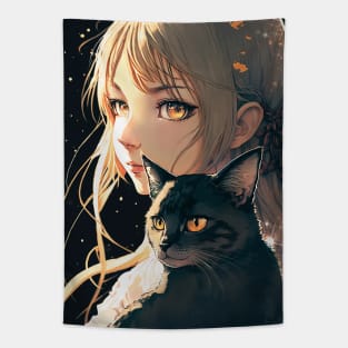 Cute Anime Girl With A Black Cat Tapestry