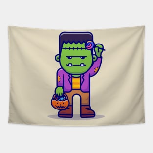 Cute Frankenstein With Candy Lollipop Cartoon Tapestry