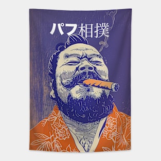 Puff Sumo in Japanese: Smoking a Fat Robusto Cigar on a Dark Background Tapestry