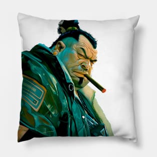 Puff Sumo 2: Smoking a Fat Cigar in a Dystopian City Scene on a light (Knocked Out) background Pillow